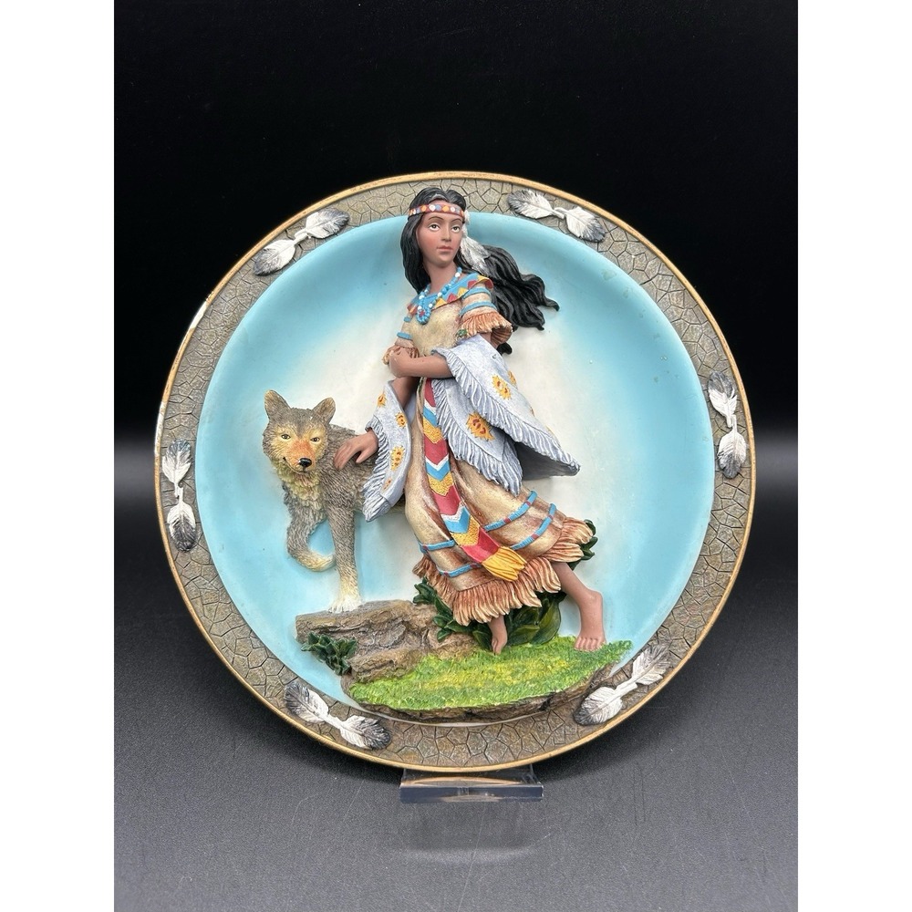 Sansco 3D Raised Wolf Collector Plate Native American Indian Maiden Art Decor